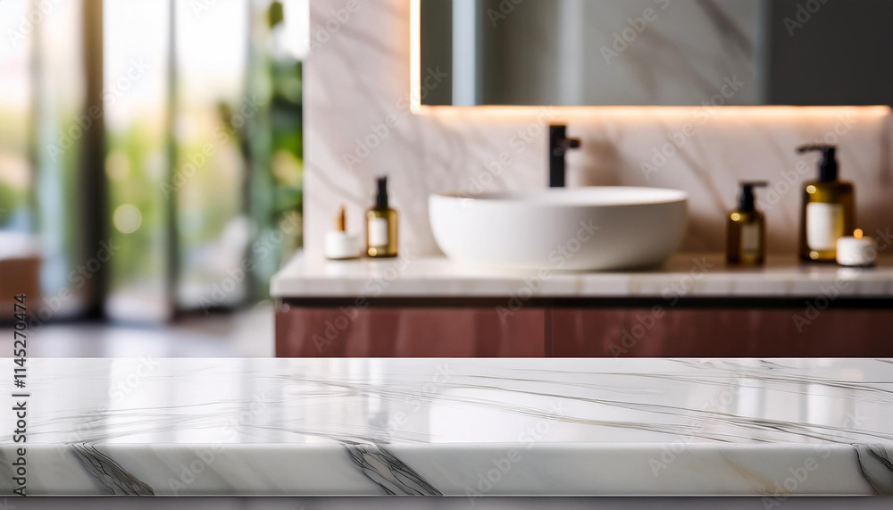 Fototapeta premium Empty marble table top showing modern bathroom interior design in background