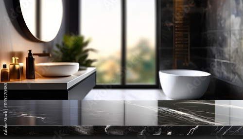 Empty black marble surface reflecting modern bathroom interior with sink and bathtub