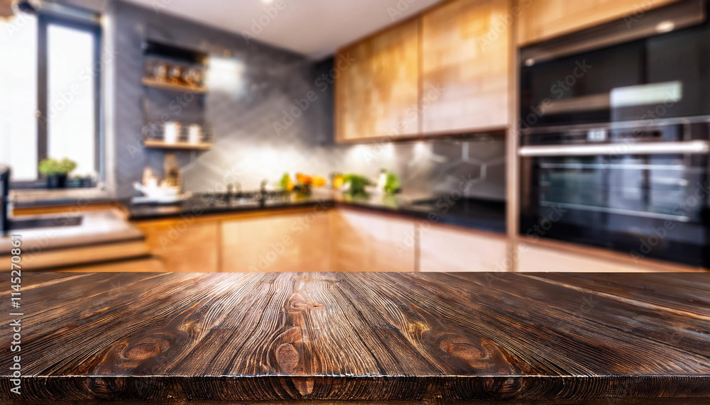 Empty wooden tabletop with blurred modern kitchen in background Empty wooden tabletop with blurred modern kitchen in background