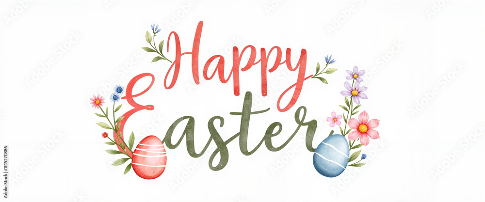 Happy Easter calligraphy with floral elements and eggs Happy Easter calligraphy with floral elements and eggs