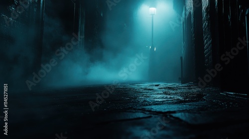 Calle oscura neblinosa farola misteriosa