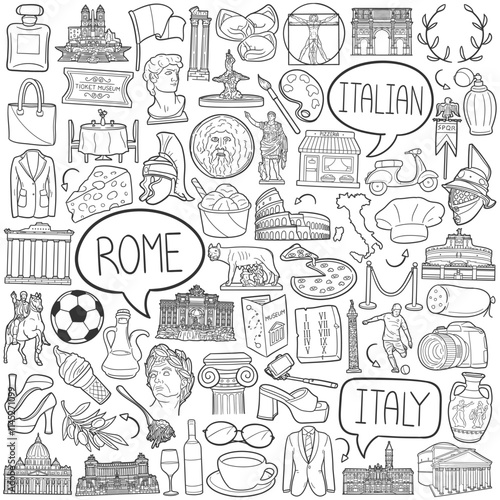 Canvas Print Bundle Rome Italy Travel and Tourism Traditional Doodle Icons Sketch Hand Made Design Vector