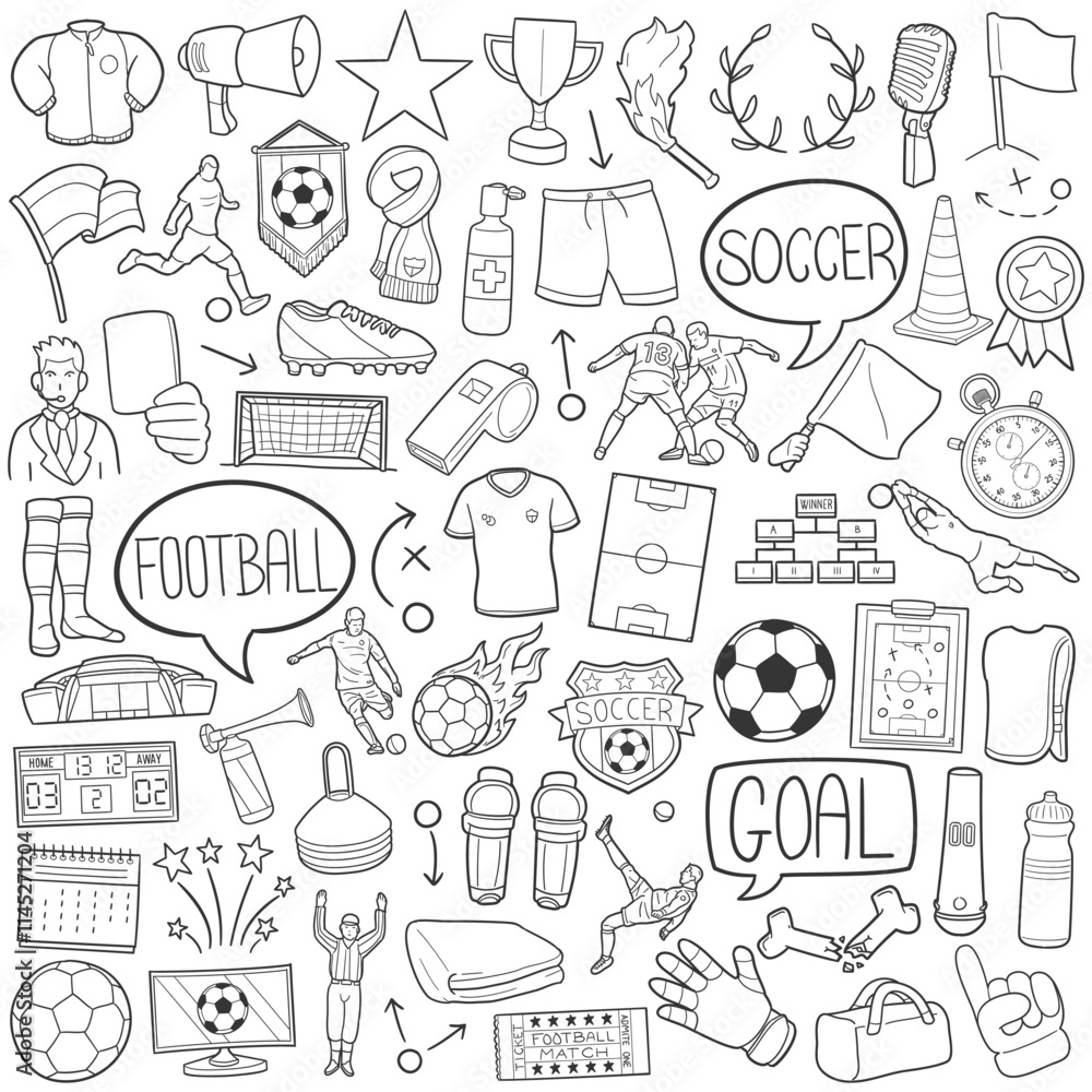 Bundle Soccer Football Team Sport Doodle Icon Hand Draw Line Art Symbols. Bundle Soccer Football Team Sport Doodle Icon Hand Draw Line Art Symbols.