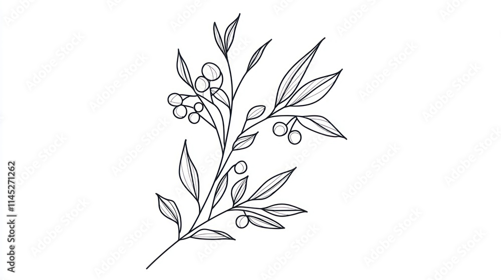 Naklejka premium Simple line drawing of a sprig with berries and leaves.