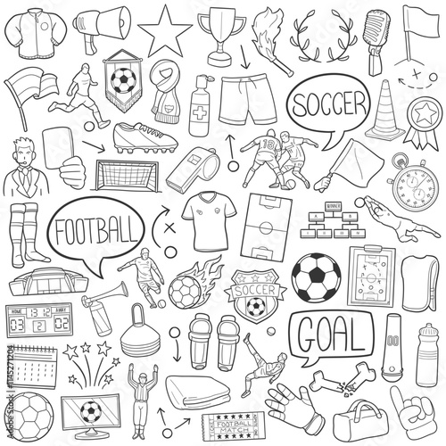 Bundle Soccer Football Team Sport Doodle Icon Hand Draw Line Art Symbols.