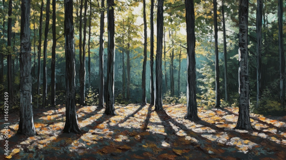 Obraz premium Imagen de un bosque con árboles y luz natural en el suelo.