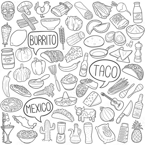 Bundle Taco and Burrito Mexican Food Doodle Line Art Illustration. Hand Drawn Vector Clip Art.