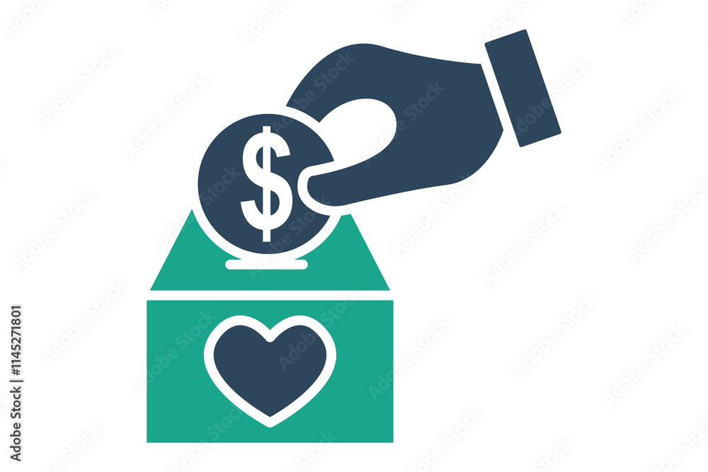 Donation icon. solid icon style. hand with charity box and dollar. icon related to charity. donation elements vector illustration Donation icon. solid icon style. hand with charity box and dollar. icon related to charity. donation elements vector illustration