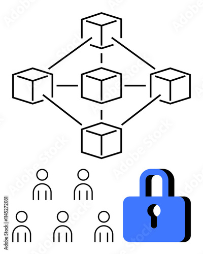 Diagram includes interconnected cubes lock, and stick-figure people. Ideal for blockchain tech, cybersecurity, networks, data integrity, decentralized systems, cryptography, user interaction. Line