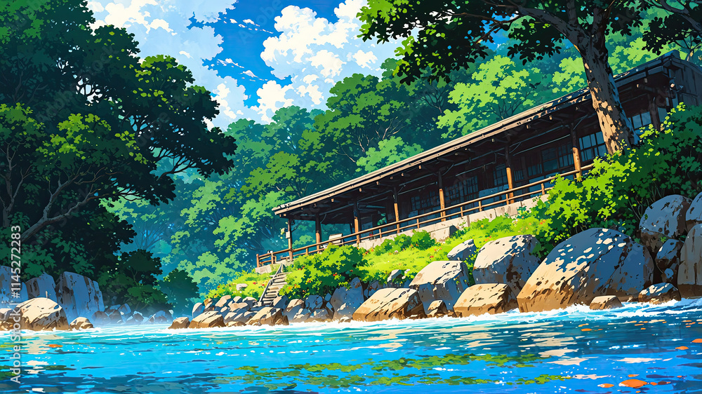 Obraz premium Anime scene of jungle with vivid view of green trees, blue sky,and serene environment