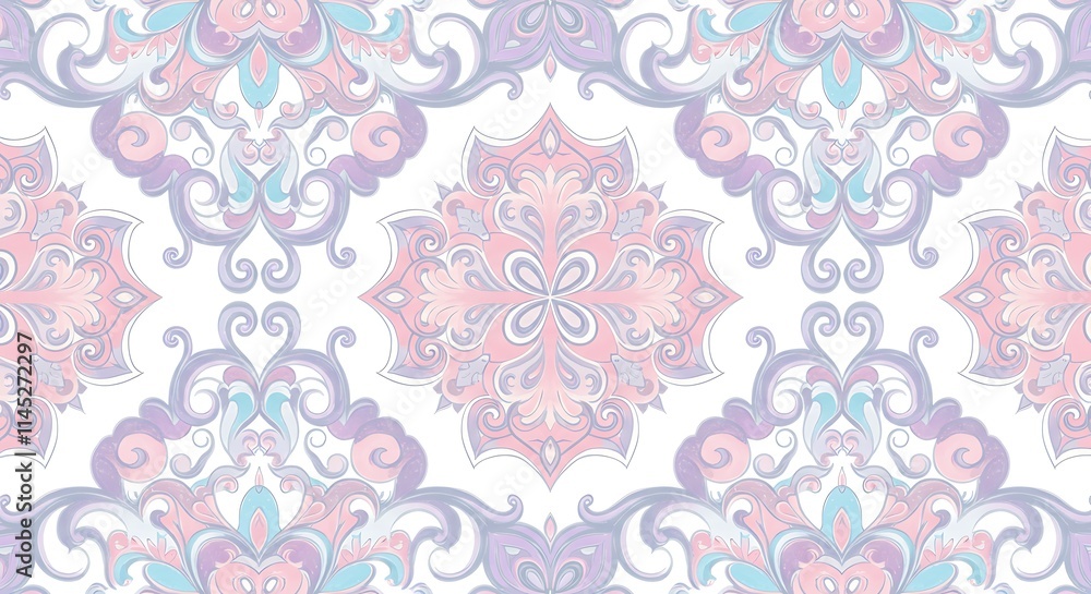 Delicate floral paisley pattern design. Ornate decorative pastel pink purple light blue. Delicate floral paisley pattern design. Ornate decorative pastel pink purple light blue.