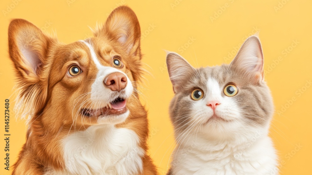 A dog and a cat gazing curiously against a bright yellow background. A dog and a cat gazing curiously against a bright yellow background.