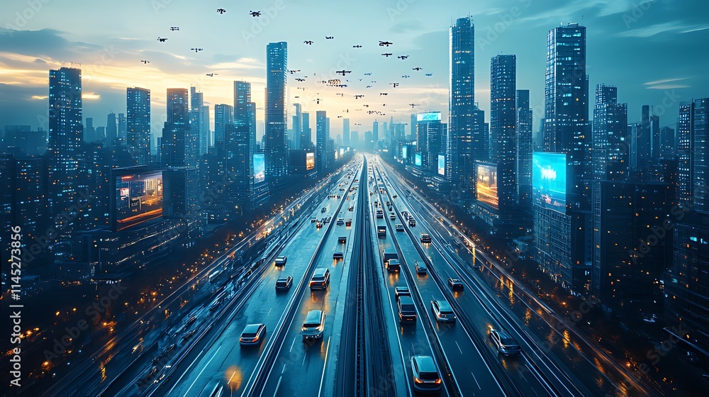 Fototapeta premium Futuristic city highway at sunset with drones and digital billboards.