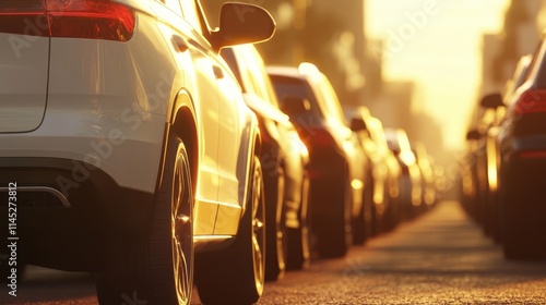 Carros estacionados en una ciudad al atardecer