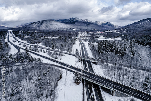 Aerial view interstate 93 and route 112 in winter 
-Lincoln, New Hampshire  photo