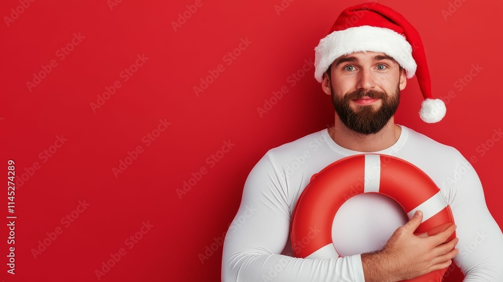 Male lifeguard in a white uniform and Santa hat, holding a holiday-decorated life preserver Male lifeguard in a white uniform and Santa hat, holding a holiday-decorated life preserver