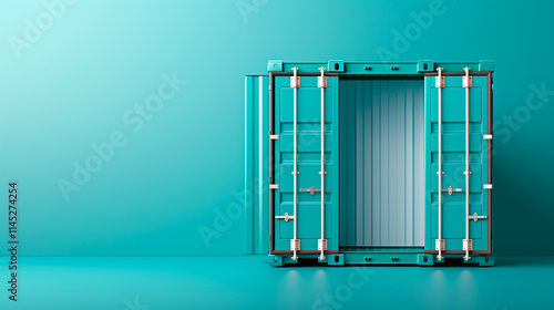 Open Teal Shipping Container Against Teal Background