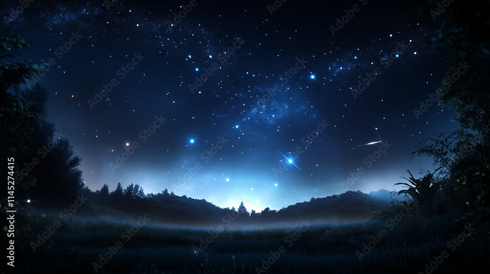 Naklejka premium Night sky filled with stars over a tranquil forest landscape at twilight