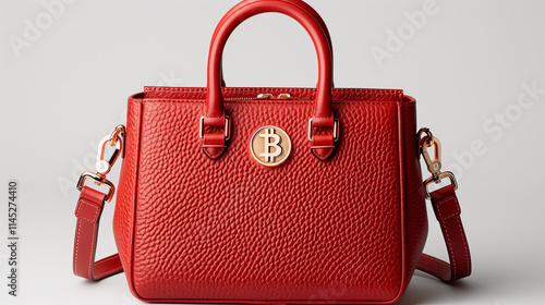 Red Leather Handbag with Bitcoin Logo and Detachable Strap photo