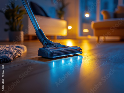 Wallpaper Mural Robotic Vacuum Cleaner, Sleek Design, Glowing Blue Highlights, Hardwood Floor, Contemporary Home, Smart Home Setting Torontodigital.ca