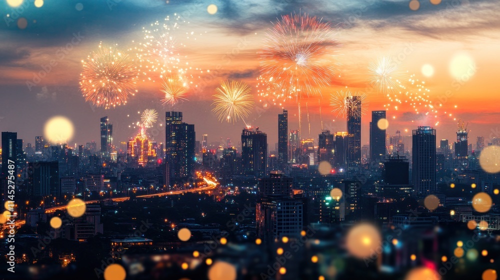 Obraz premium Vibrant fireworks explode over a city skyline at night.