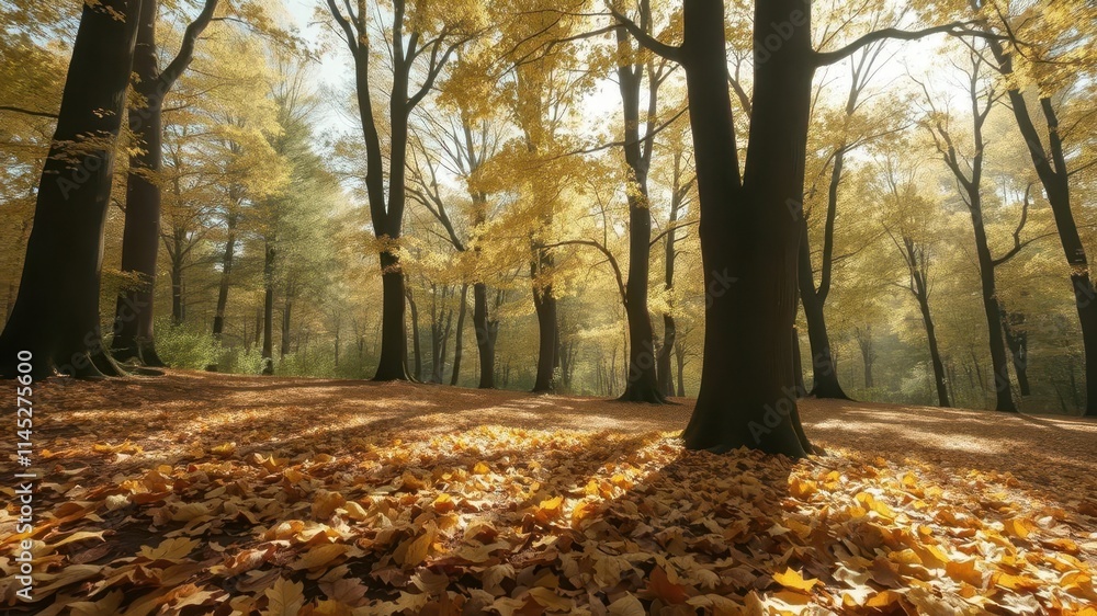 Crisp autumn leaves blanket a forest floor, sunlight dappling through branches, background, yellow,fall Crisp autumn leaves blanket a forest floor, sunlight dappling through branches, background, yellow,fall