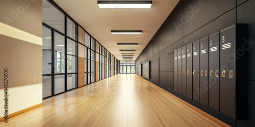 high school corridor with lockers by black and cream wall and wooden floor 