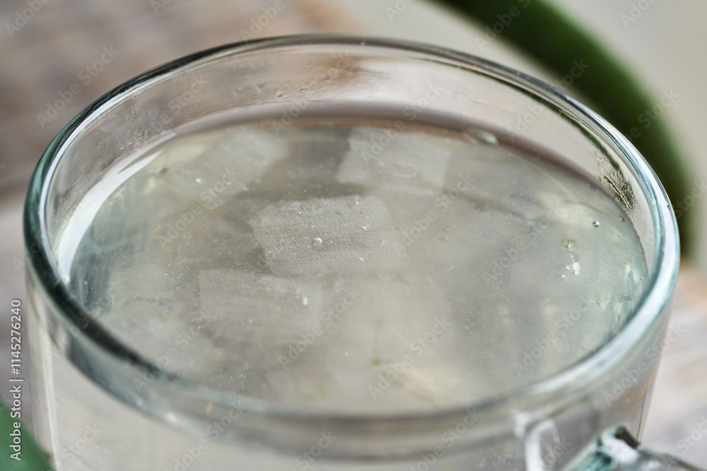 Aloe vera pulp and juice in a glass Aloe vera pulp and juice in a glass