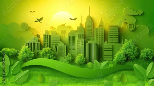 Eco-friendly city skyline with green hills and trees at sunrise. photo