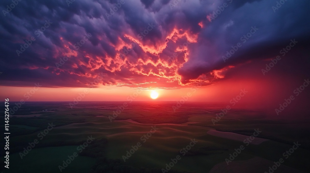 Obraz premium A stunning sunset over rolling hills, with dramatic clouds and vibrant colors.