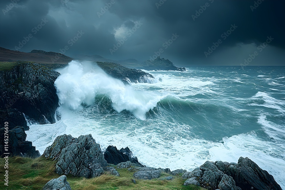A stormy coast with waves breaking on the cliffs A stormy coast with waves breaking on the cliffs