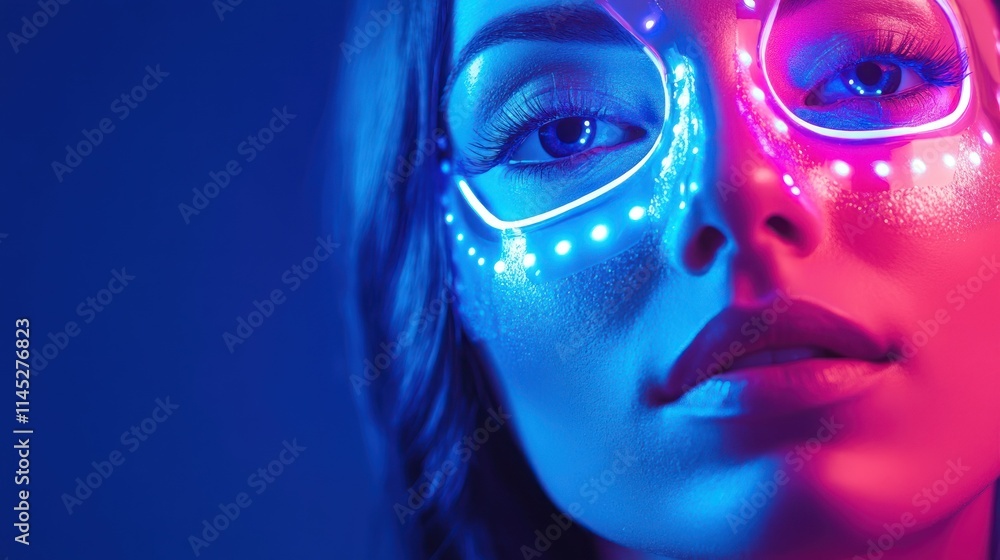 A woman is experiencing a skincare treatment using a cosmetology led mask A woman is experiencing a skincare treatment using a cosmetology led mask