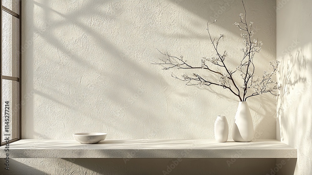 Minimalist room corner with sunlight, white vases, and branches. Minimalist room corner with sunlight, white vases, and branches.