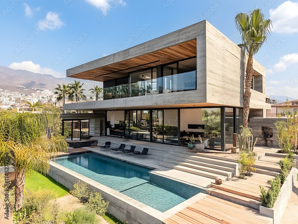 Fototapeta premium A minimalist house made of concrete, with two floors, a terrace, and wooden elements