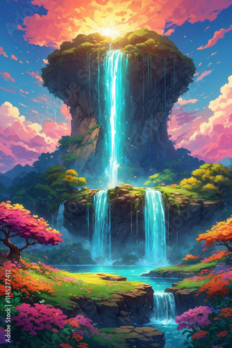 Vibrant floating island, colorful flowers, free-falling waterfall, and glowing clouds in anime style