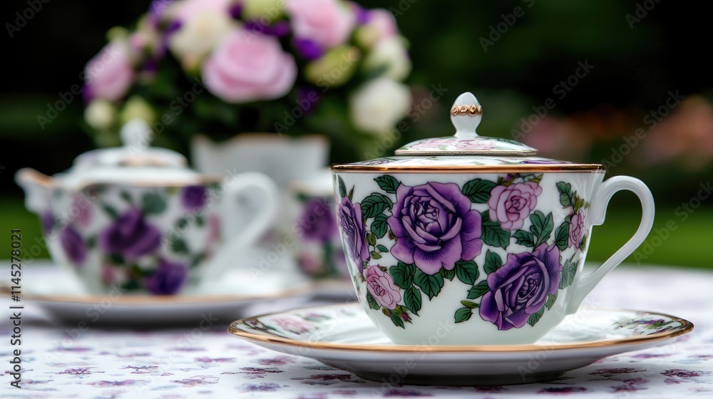 Elegant afternoon tea set with purple roses garden setting photography natural light tea culture Elegant afternoon tea set with purple roses garden setting photography natural light tea culture