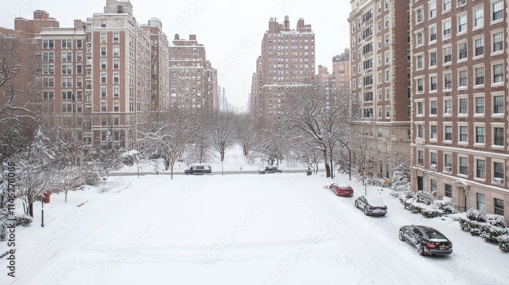 Obraz premium Snowy city street scene with apartment buildings.