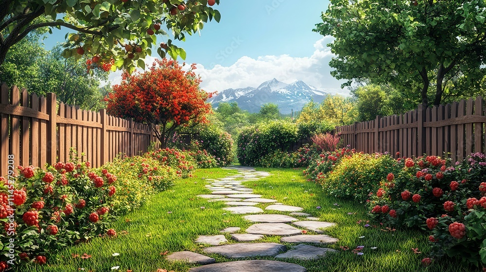 Fototapeta premium Serene Garden Path Leading to Majestic Mountain View