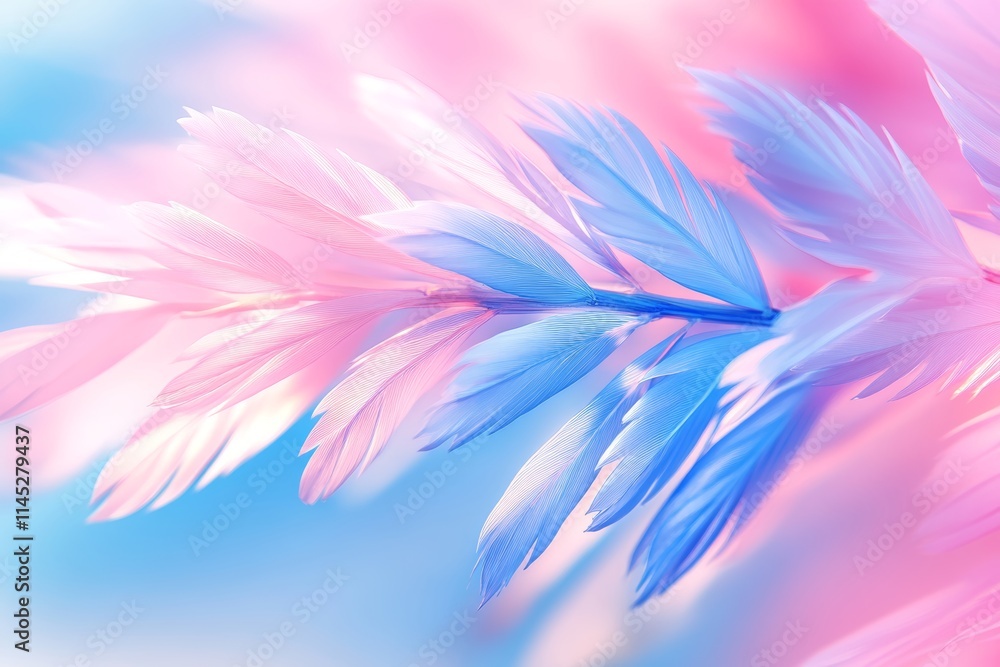 A close-up view showcases a vibrant pink feather alongside a striking blue feather, highlighting their intricate textures and colors.