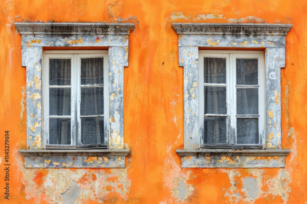 Orange concrete wall with two old wooden windows in european city. Detailed photo textured background Orange concrete wall with two old wooden windows in european city. Detailed photo textured background