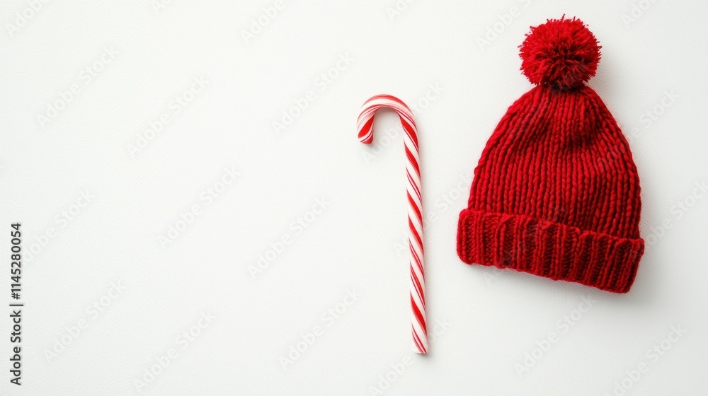 A vibrant red St. Nicholas hat is placed beside a classic striped candy cane on a clean white background creating a fun festive atmosphere perfect for holiday celebrations and St. Nicholas Day A vibrant red St. Nicholas hat is placed beside a classic striped candy cane on a clean white background creating a fun festive atmosphere perfect for holiday celebrations and St. Nicholas Day