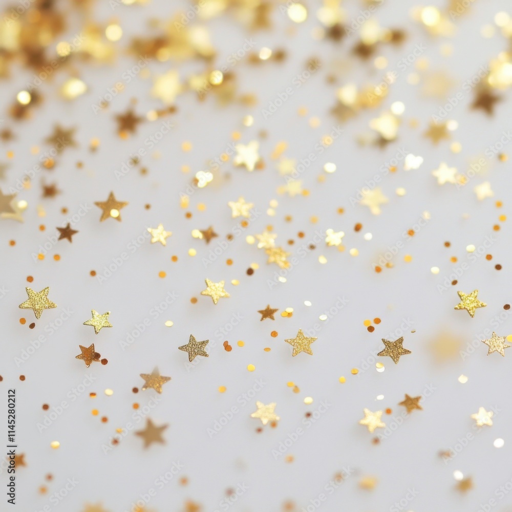 Brillos dorados y estrellas en fondo blanco Brillos dorados y estrellas en fondo blanco