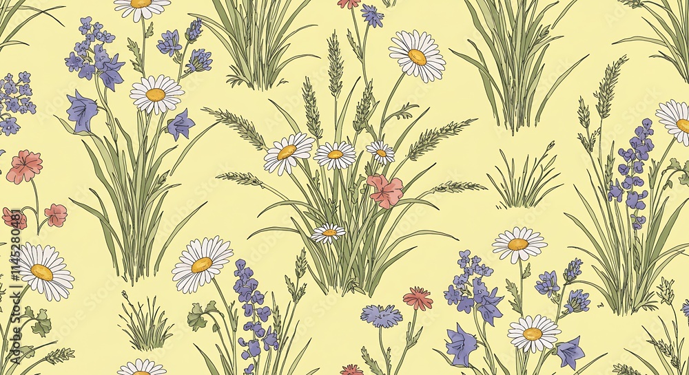 Fototapeta premium Vibrant colorful floral pattern with blooming wildflowers and green grass, concept for wallpaper design, textile print and garden decoration