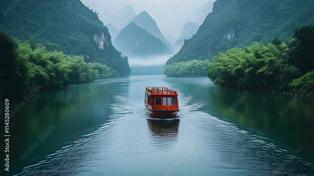 Naklejka premium A beautiful landscape with lots of mountains and a river on which a red boat sails