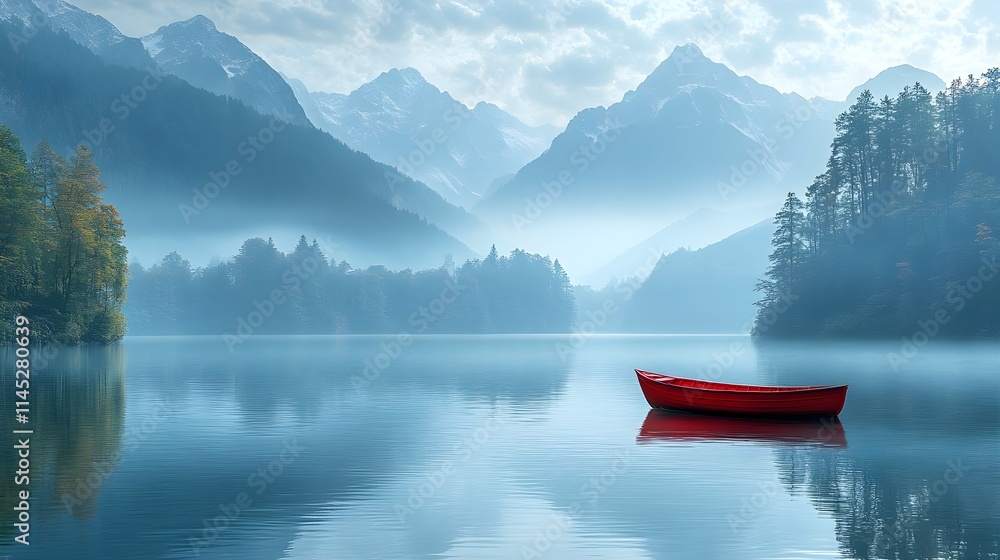 A beautiful landscape with lots of mountains and a river on which a red boat sails A beautiful landscape with lots of mountains and a river on which a red boat sails