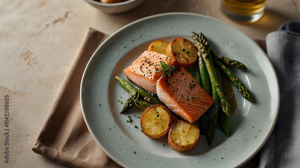 Grilled salmon served on a white plate with sauteed asparagus and French fries Grilled salmon served on a white plate with sauteed asparagus and French fries