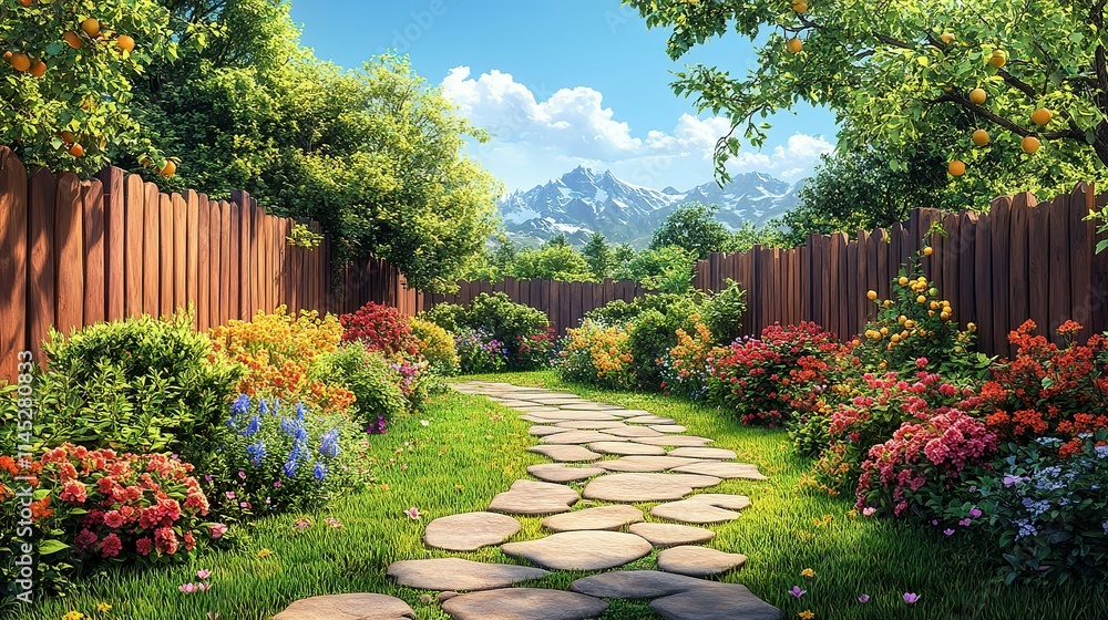 Obraz premium Serene Garden Path Between Wooden Fences and Mountain View