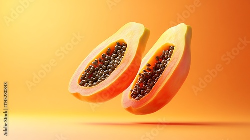 A vibrant image of halved papaya showcasing its seeds against a gradient background. photo