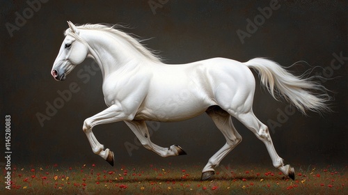 Majestic white horse galloping in a scenic meadow nature photography serene background dynamic viewpoint