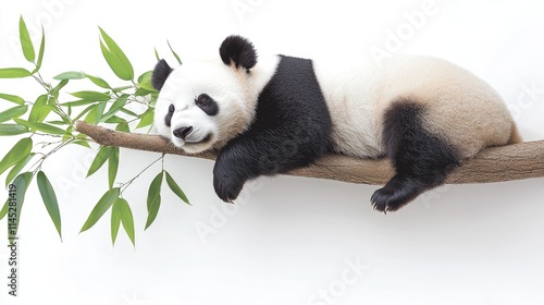 Playful panda resting on bamboo branch zoo animal photography indoor environment close-up wildlife conservation